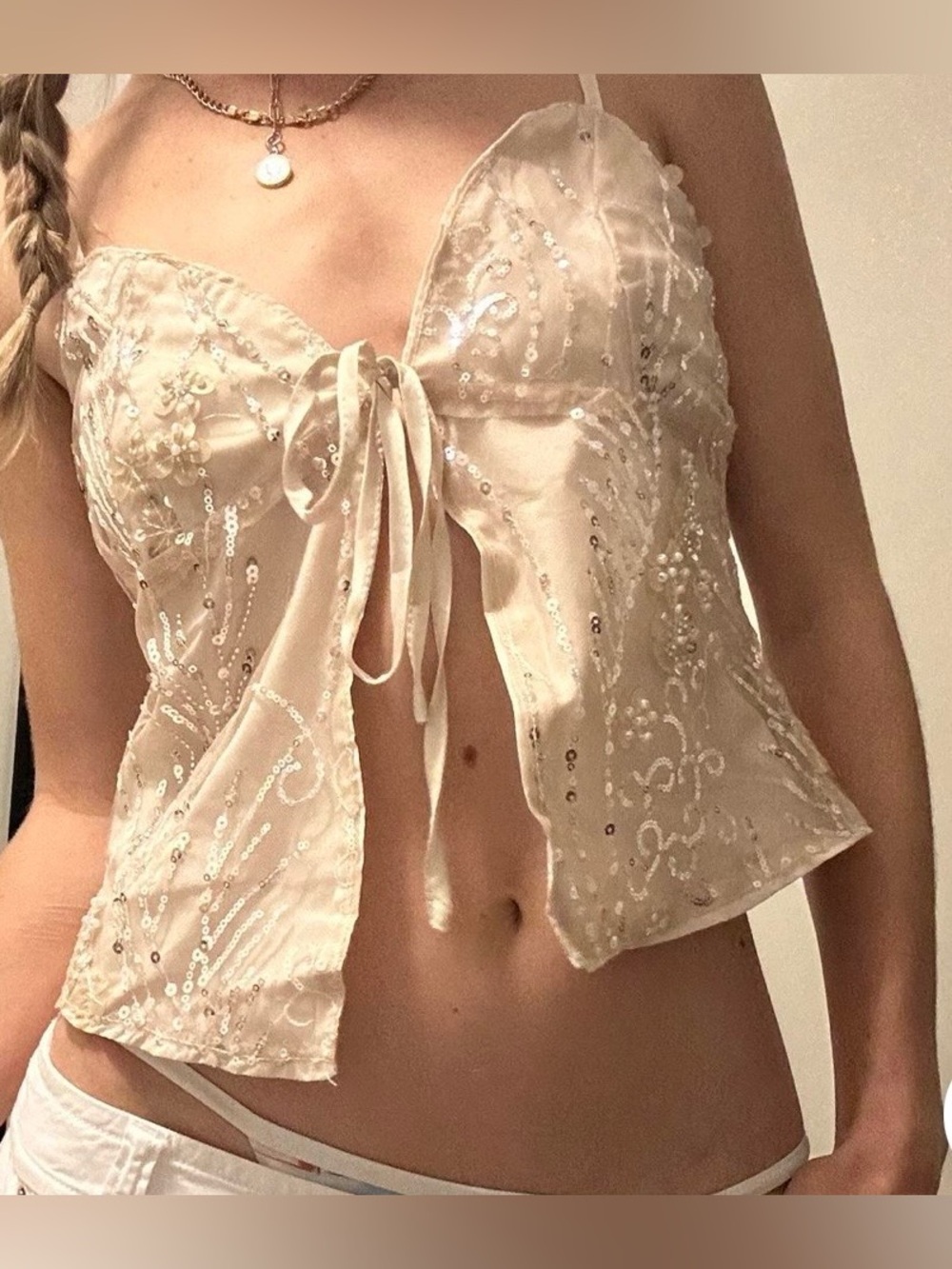 Shein Beaded Floral Sequin Mesh Cami Top Nude Beige Small